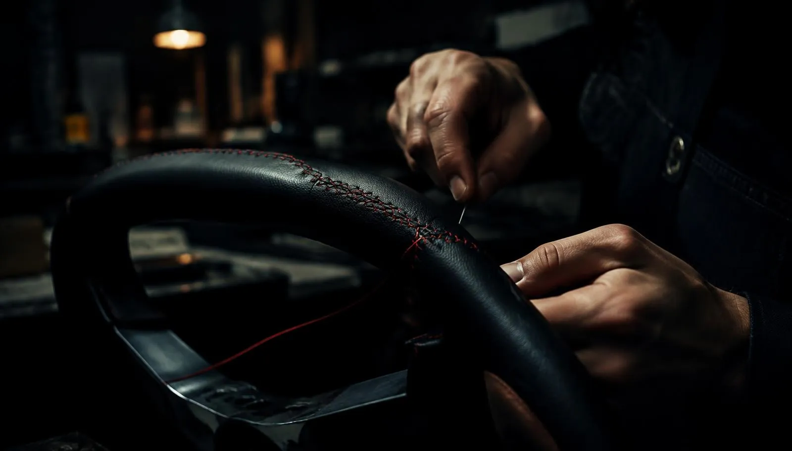 Craftsman hand-stitching a leather steering wheel