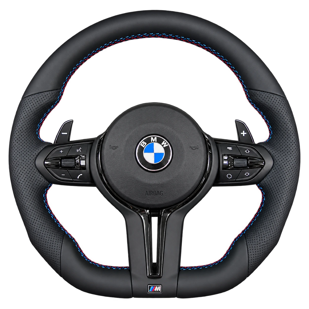 M Performance steering wheel with nappa leather and tri-colour stitching